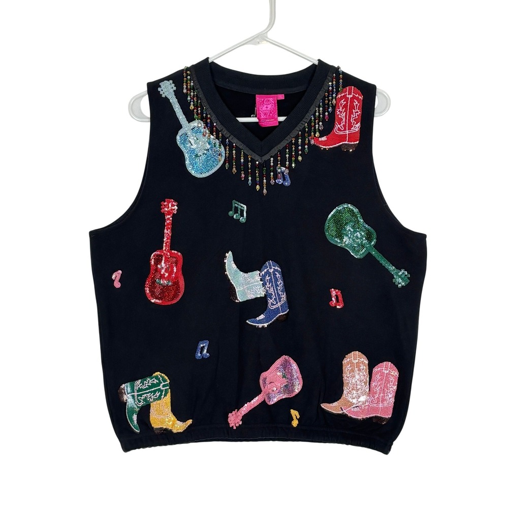 Queen of Sparkles Vest Women XL Black Sequin Cowboy Boot Guitar Western Top